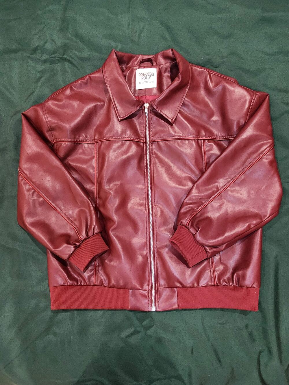 Princess Polly Burgundy Faux Leather Bomber Jacket Women's Size 8 Pleather Moto